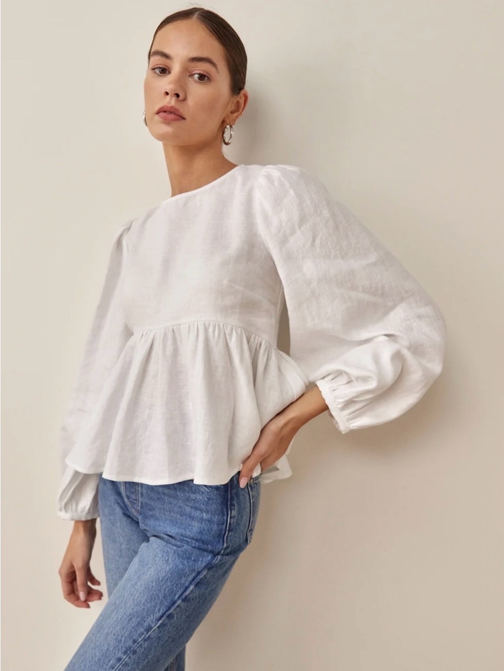 Reformation White Linen Peplum Blouse | Balloon Sleeve | 100% Linen | NWOT